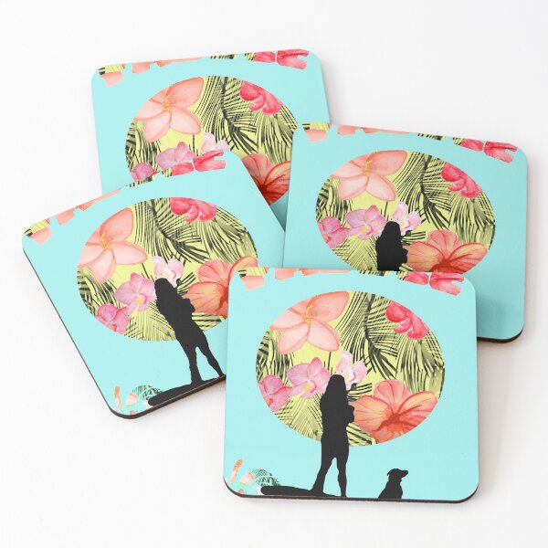 Item preview, girl paddle boarding with dog silhouette on skiair watercolor background designed and sold by skiair.