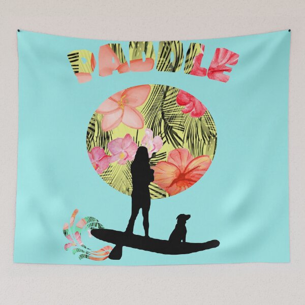 Item preview, girl paddle boarding with dog silhouette on skiair watercolor background designed and sold by skiair.