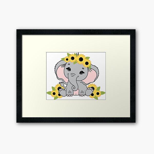 Baby Elephant & Sunflower Black Framed Poster or Framed Canvas 
