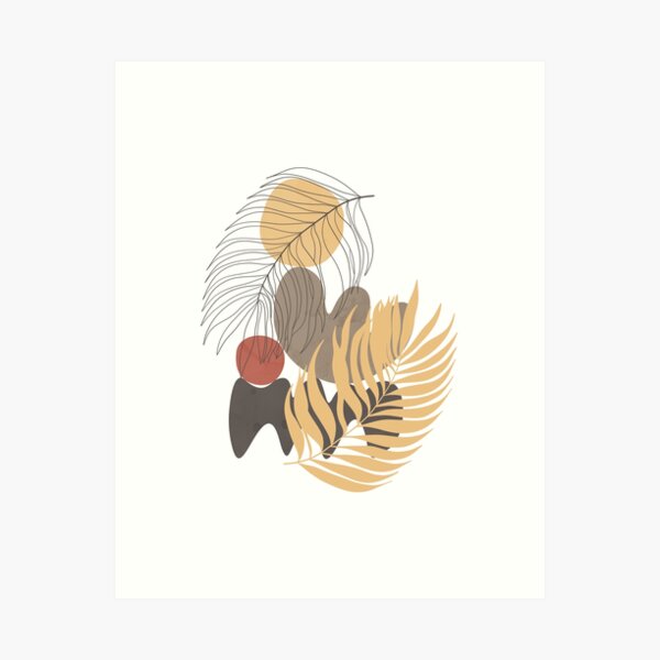Minimalist landscape art with two palm leaves and organic shapes Art Print