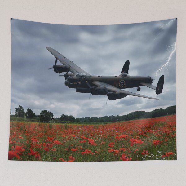 Item preview, Lancaster Bomber Flying Over A Poppy Field With Lightning designed and sold by rawshutterbug.