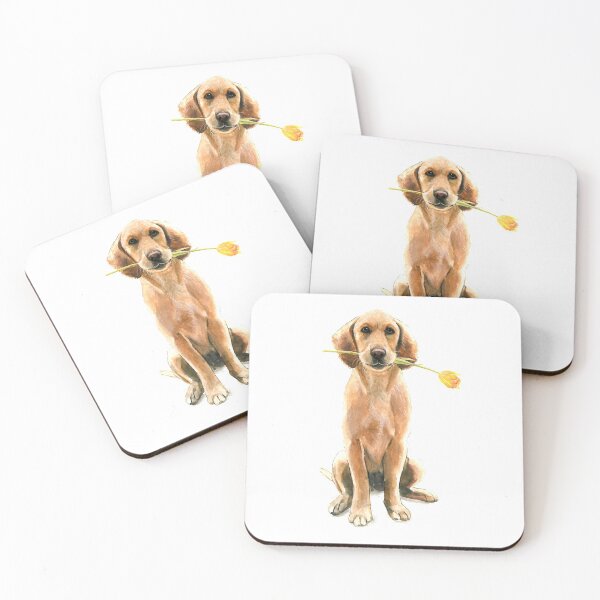 Item preview, Watercolor Golden Retriever puppy with yellow tulip designed and sold by CarolineJordaan.