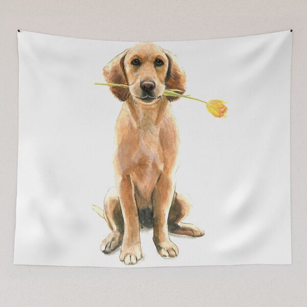 Item preview, Watercolor Golden Retriever puppy with yellow tulip designed and sold by CarolineJordaan.