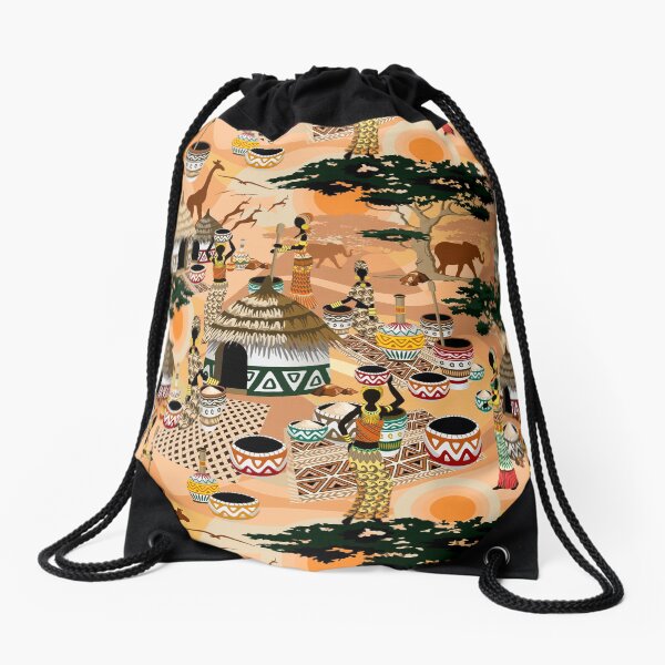 African Life Women in Savanna Tribal Village Drawstring Bag