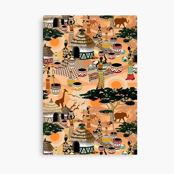 African Life Women in Savanna Tribal Village Canvas Print