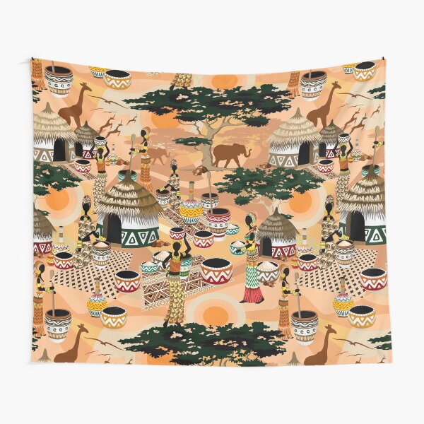 African Life Women in Savanna Tribal Village Tapestry
