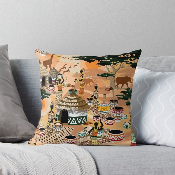 African Life Women in Savanna Tribal Village Throw Pillow