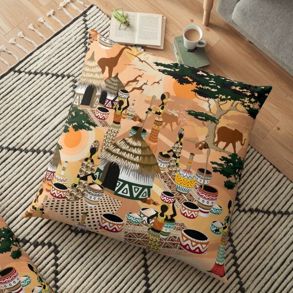 African Life Women in Savanna Tribal Village Floor Pillow
