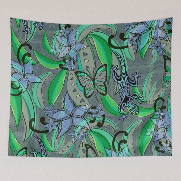 Item preview,  Polynesian Vintage Green Jungle Gecko And Butterflies Tribal Abstract  designed and sold by sunnthreads.