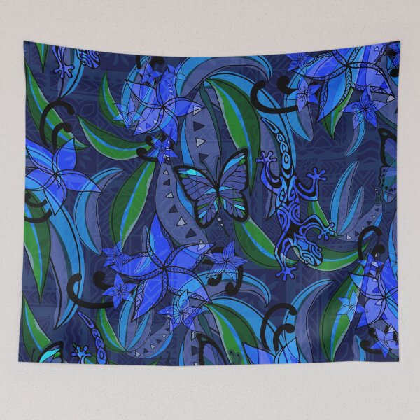 Item preview, Polynesian Vintage Midnight Blue Jungle Gecko And Butterflies Tribal Abstract  designed and sold by sunnthreads.