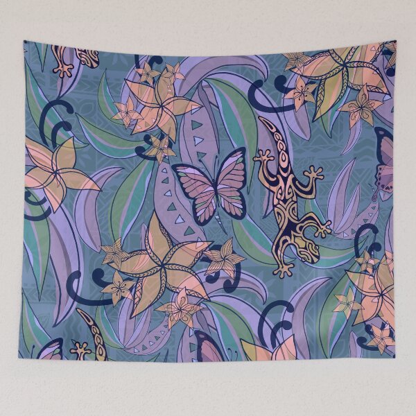 Item preview, Polynesian Vintage Coral And Ocean Jungle Gecko And Butterflies Tribal Abstract  designed and sold by sunnthreads.