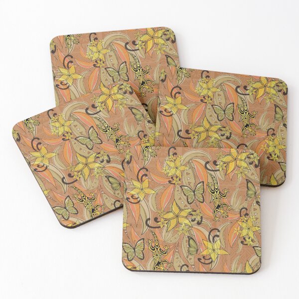 Item preview, Polynesian Vintage Golden Citrus Sunset Jungle Gecko And Butterflies Tribal Abstract  designed and sold by sunnthreads.
