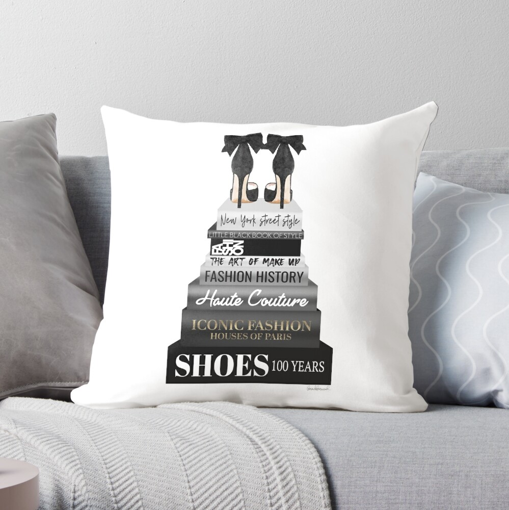 Tall Grey & Pink Fashion Books Throw Pillow By Amanda Greenwood