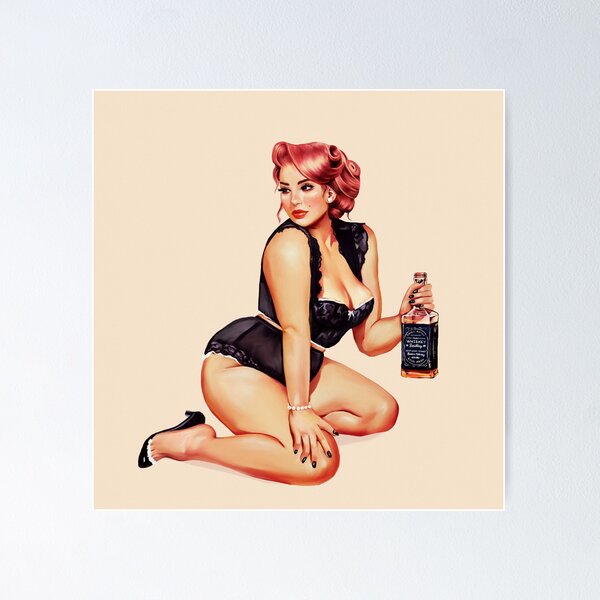 Item preview, "Hands Off Her Whiskey V.2" Curvy Retro Pinup Girl Alcohol Art designed and sold by The Whiskey Ginger Design Shop.