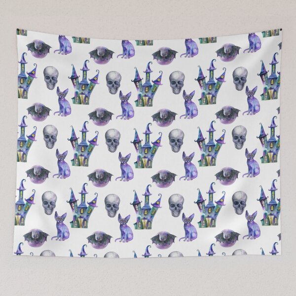 Aperçu de l'œuvre Joli motif Halloween de chauves-souris, chats, crânes et maisons hantées sur fond blanc créée et vendue par avalonmedia.