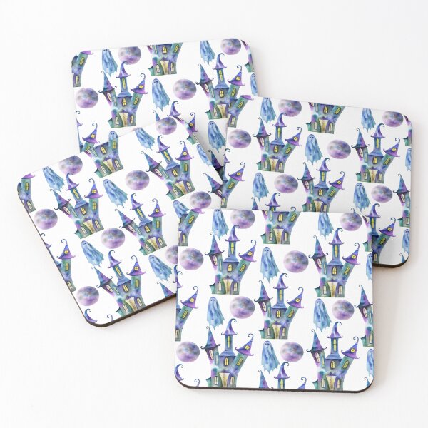 Item preview, Cute Halloween Pattern of Haunted Houses and Ghosts on a White Background designed and sold by avalonmedia.