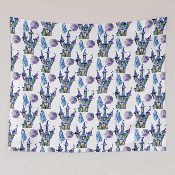 Item preview, Cute Halloween Pattern of Haunted Houses and Ghosts on a White Background designed and sold by avalonmedia.