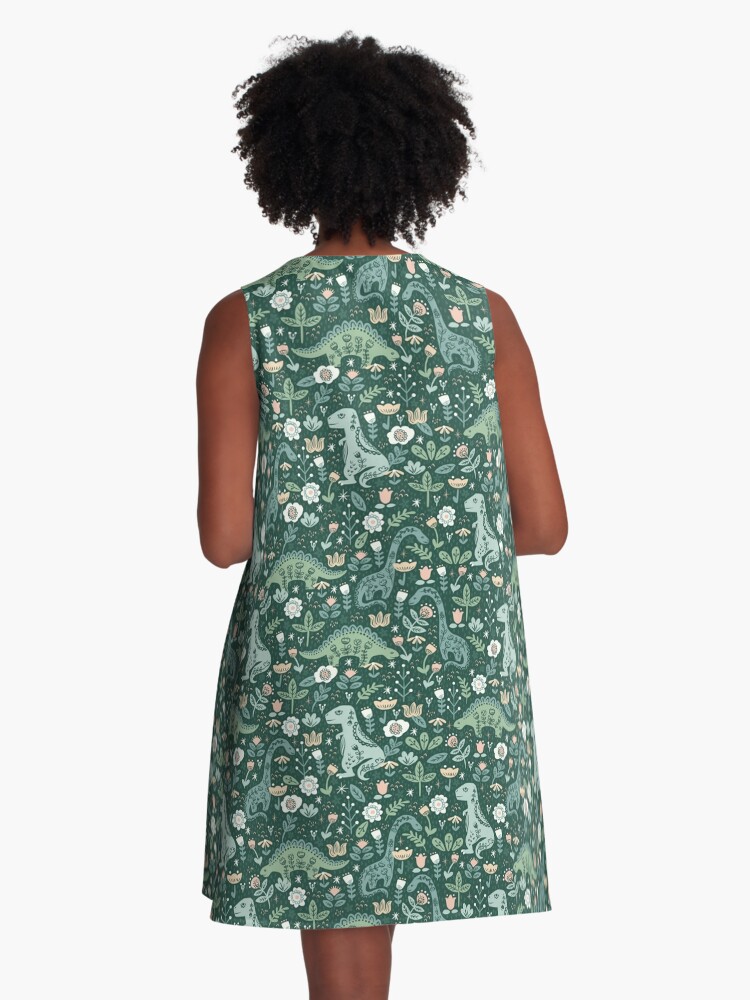 Thumbnail 3 of 4, A-Line Dress, Folk Floral Dinosaur designed and sold by latheandquill.