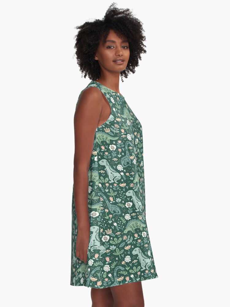 Thumbnail 2 of 4, A-Line Dress, Folk Floral Dinosaur designed and sold by latheandquill.