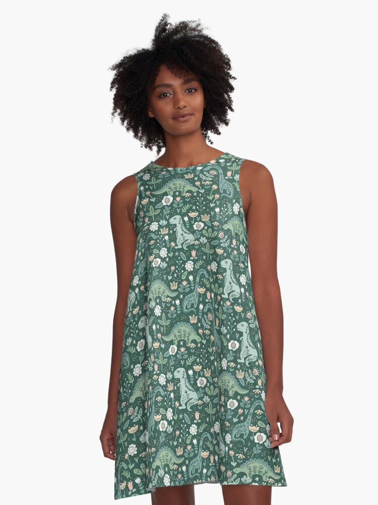 Thumbnail 1 of 4, A-Line Dress, Folk Floral Dinosaur designed and sold by latheandquill.