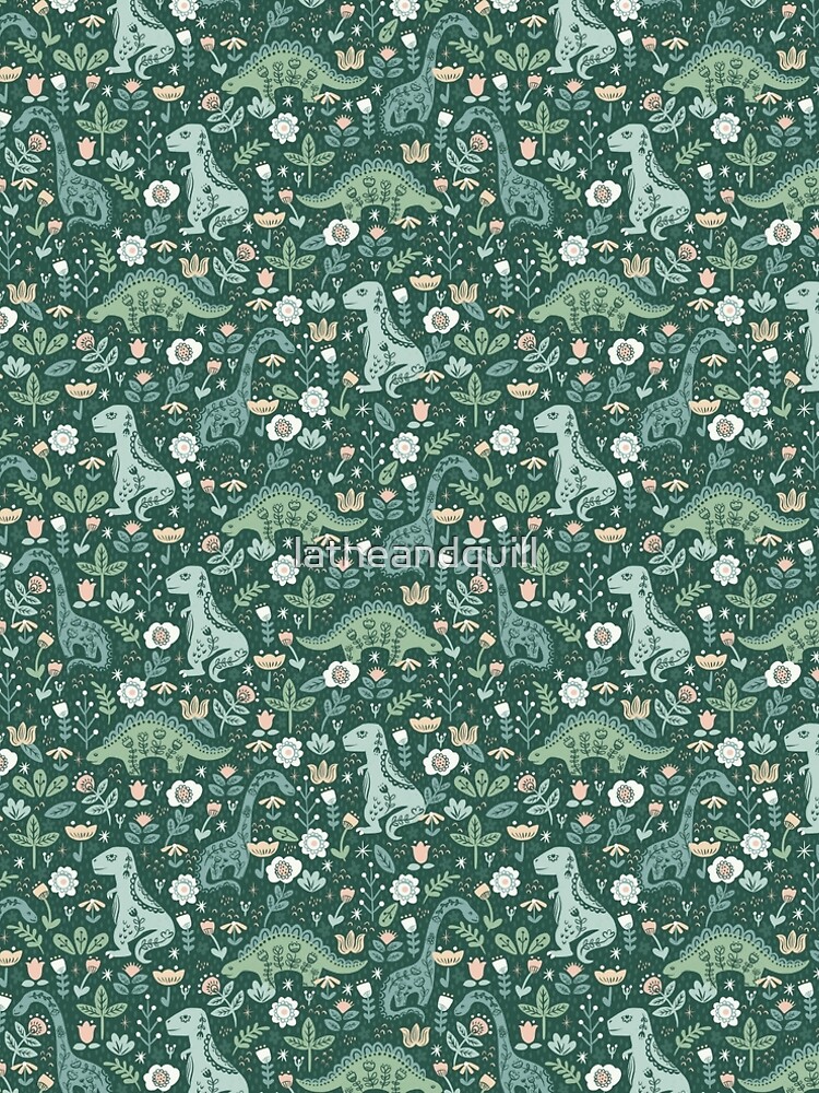 Thumbnail 4 of 4, A-Line Dress, Folk Floral Dinosaur designed and sold by latheandquill.
