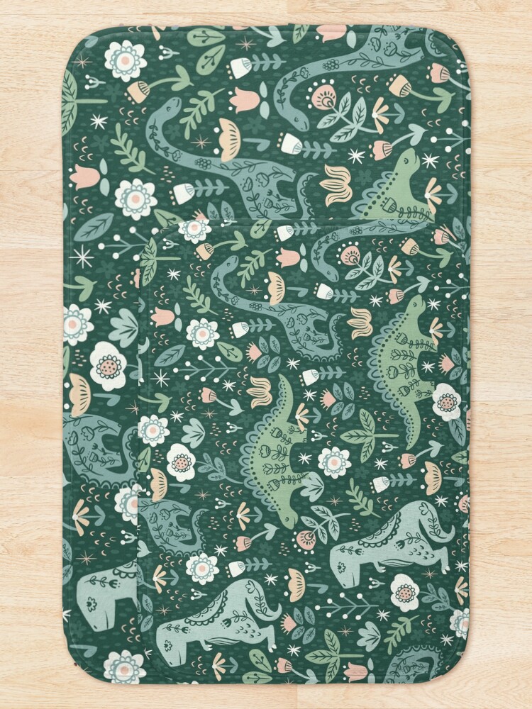Thumbnail 5 of 6, Bath Mat, Folk Floral Dinosaur designed and sold by latheandquill.