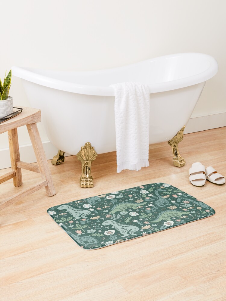 Thumbnail 1 of 6, Bath Mat, Folk Floral Dinosaur designed and sold by latheandquill.
