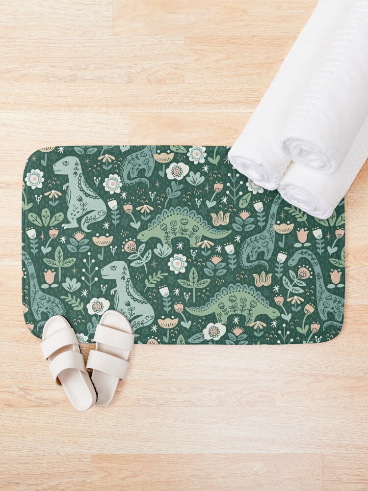 Bath Mat, Folk Floral Dinosaur designed and sold by latheandquill