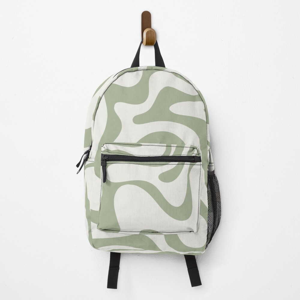 Liquid Swirl Retro Contemporary Abstract Pattern 2 in Sage Green and Off White Backpack