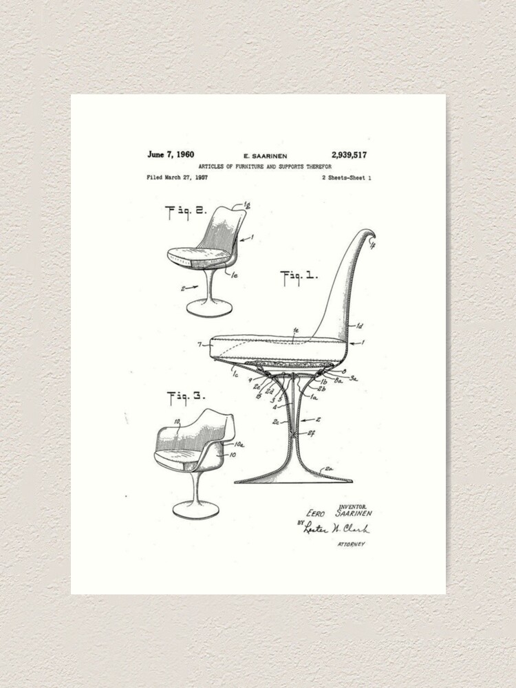 E. Saarinen Mid Century Modern Tulip Chair Patent Drawing