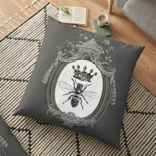 Queen Bee | Vintage Honey Bees | Black, White and Grey | Floor Pillow