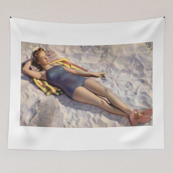 Item preview, 1940s beach postcard, blue swimsuit, striped towel, and polkadot shoes designed and sold by Lowtech.