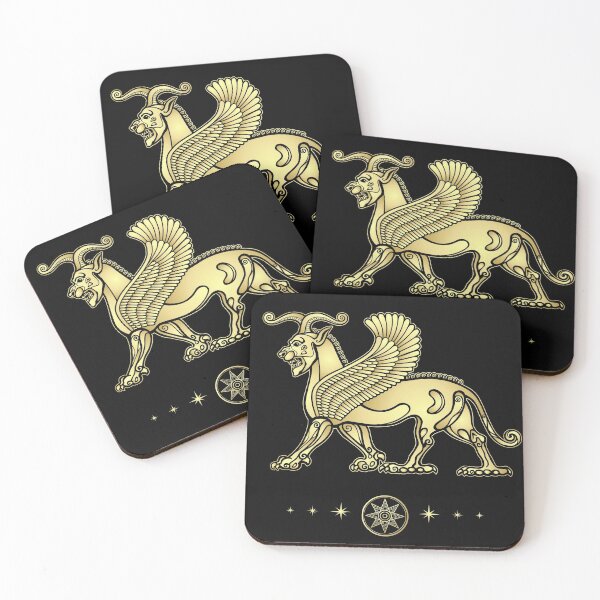 Item preview, Animation drawing: sphinx horned lion with wings, character in Assyrian mythology.  Sumerian symbols. Imitation of gold. designed and sold by YanaZvereva.