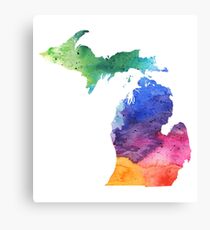 Aquarell Karte von Michigan, USA in Regenbogenfarben Leinwanddruck