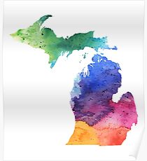 Aquarell Karte von Michigan, USA in Regenbogenfarben Poster
