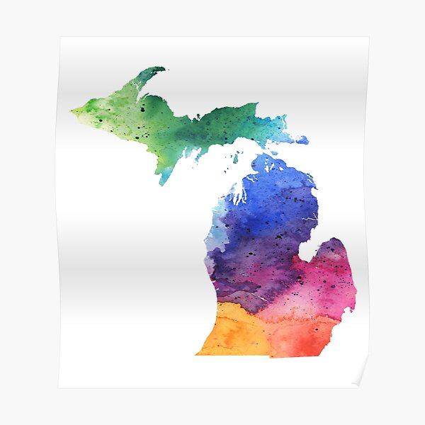 Watercolor Map of Michigan, USA in Rainbow Colors Poster