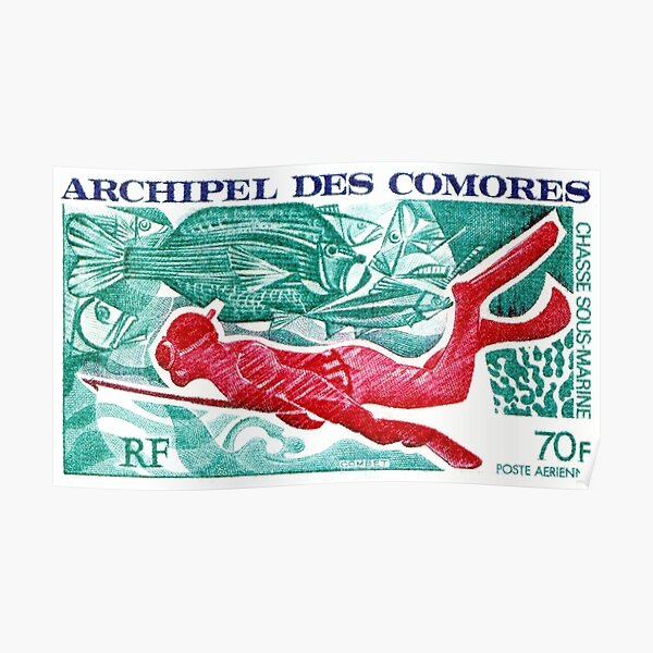 1972 Comoro Islands Spearfishing Postage Stamp Poster