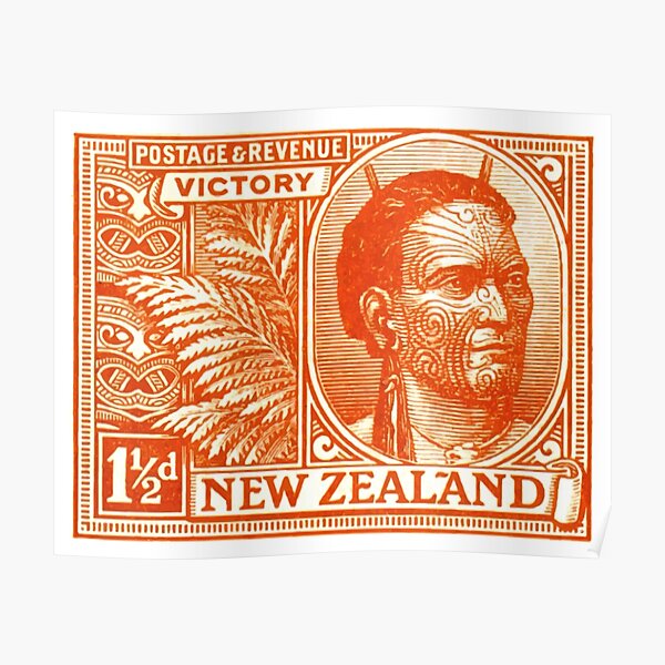 1920 New Zealand Maori Chief Postage Stamp Poster