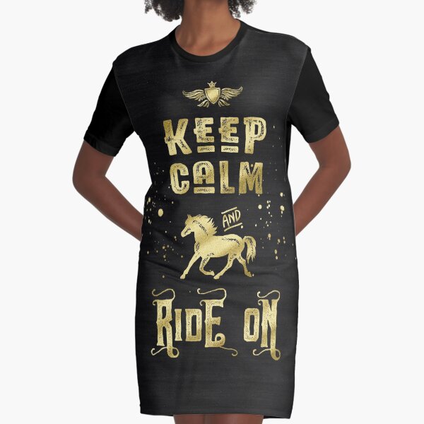 Keep Calm and Ride On Gold Horse Typography Graphic T-Shirt Dress