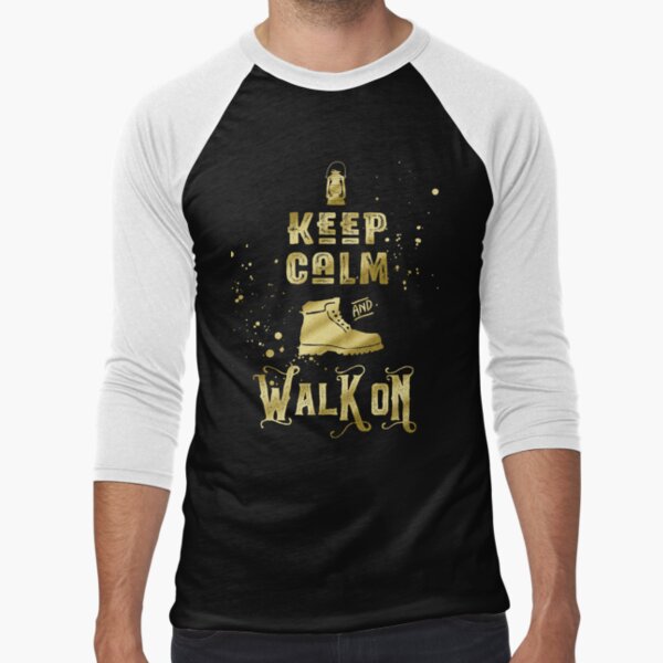 Keep Calm and Walk On Gold Hiking Boot Typography Baseball ¾ Sleeve T-Shirt
