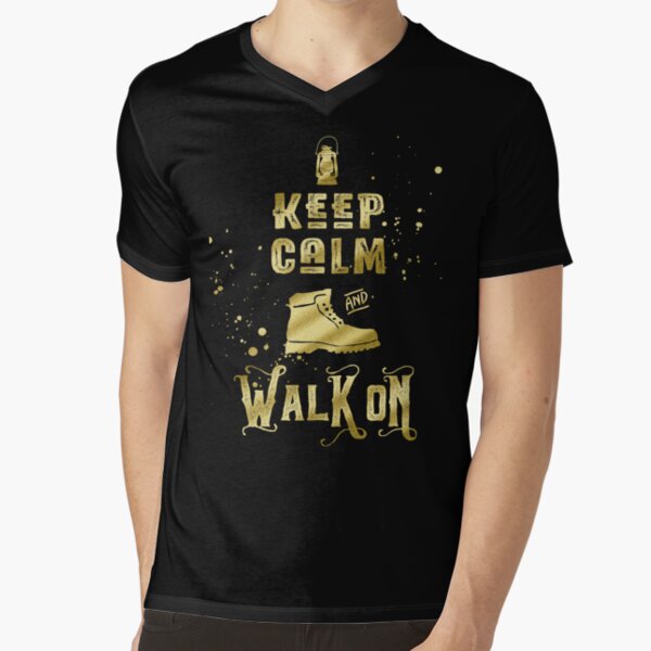 Keep Calm and Walk On Gold Hiking Boot Typography V-Neck T-Shirt