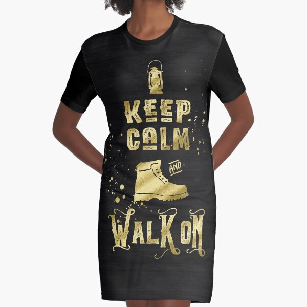 Keep Calm and Walk On Gold Hiking Boot Typography Graphic T-Shirt Dress
