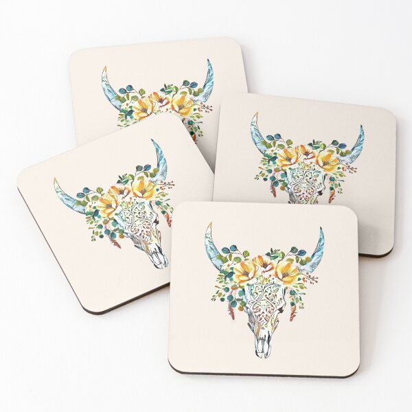 Item preview, Cow Skull and Crown eucaliptus leaves and little flowers, boho, bull skull designed and sold by Collagedream.