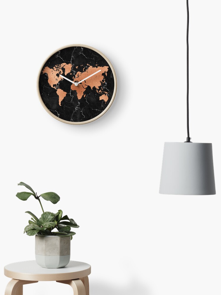 Thumbnail 2 of 4, Clock, World Map - Rose Gold on Black Marble designed and sold by cadinera.