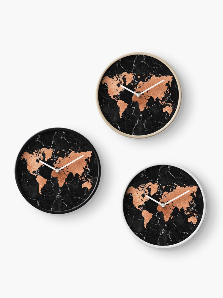 Thumbnail 3 of 4, Clock, World Map - Rose Gold on Black Marble designed and sold by cadinera.