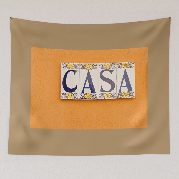 Item preview, Village street in old Spanish town with Spanish word CASA in tiles on orange wall designed and sold by Brian Scantlebury.