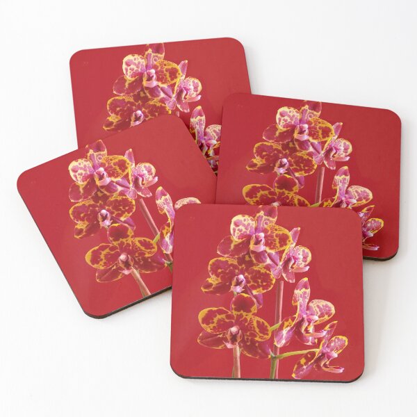 Item preview, Dramatic Yellow and Red Harlequin Phalaenopsis Orchid on Lipstick Red Background designed and sold by kittenpink.