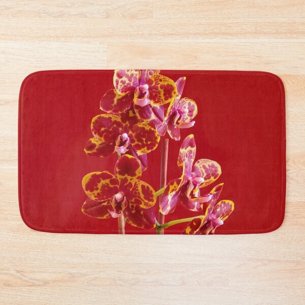 Item preview, Dramatic Yellow and Red Harlequin Phalaenopsis Orchid on Lipstick Red Background designed and sold by kittenpink.