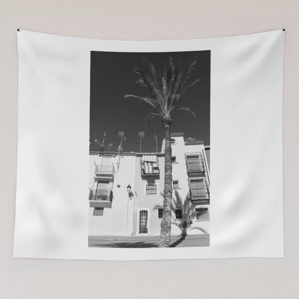 Item preview, Black and image of typical Mediterranean apartments with tall palm  designed and sold by Brian Scantlebury.