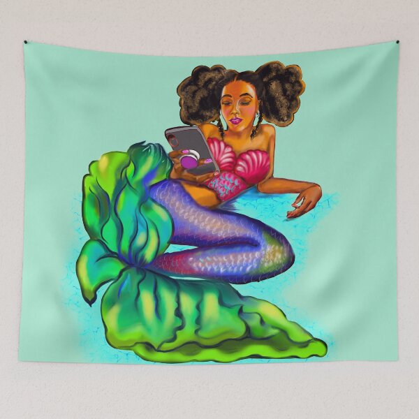 Item preview, Mermaid Afro Mermaid - Coco the Magical rainbow mermaid and phone - brown eyes, Afro hair in two puffs and caramel brown skin - light background designed and sold by Artonmytee.
